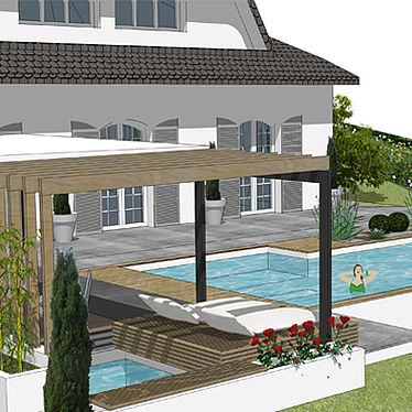 Piscine, terrasse et pool house